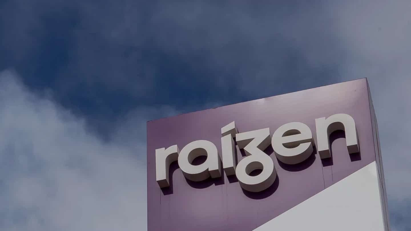 Logotipo da Raízen sobre fundo azul