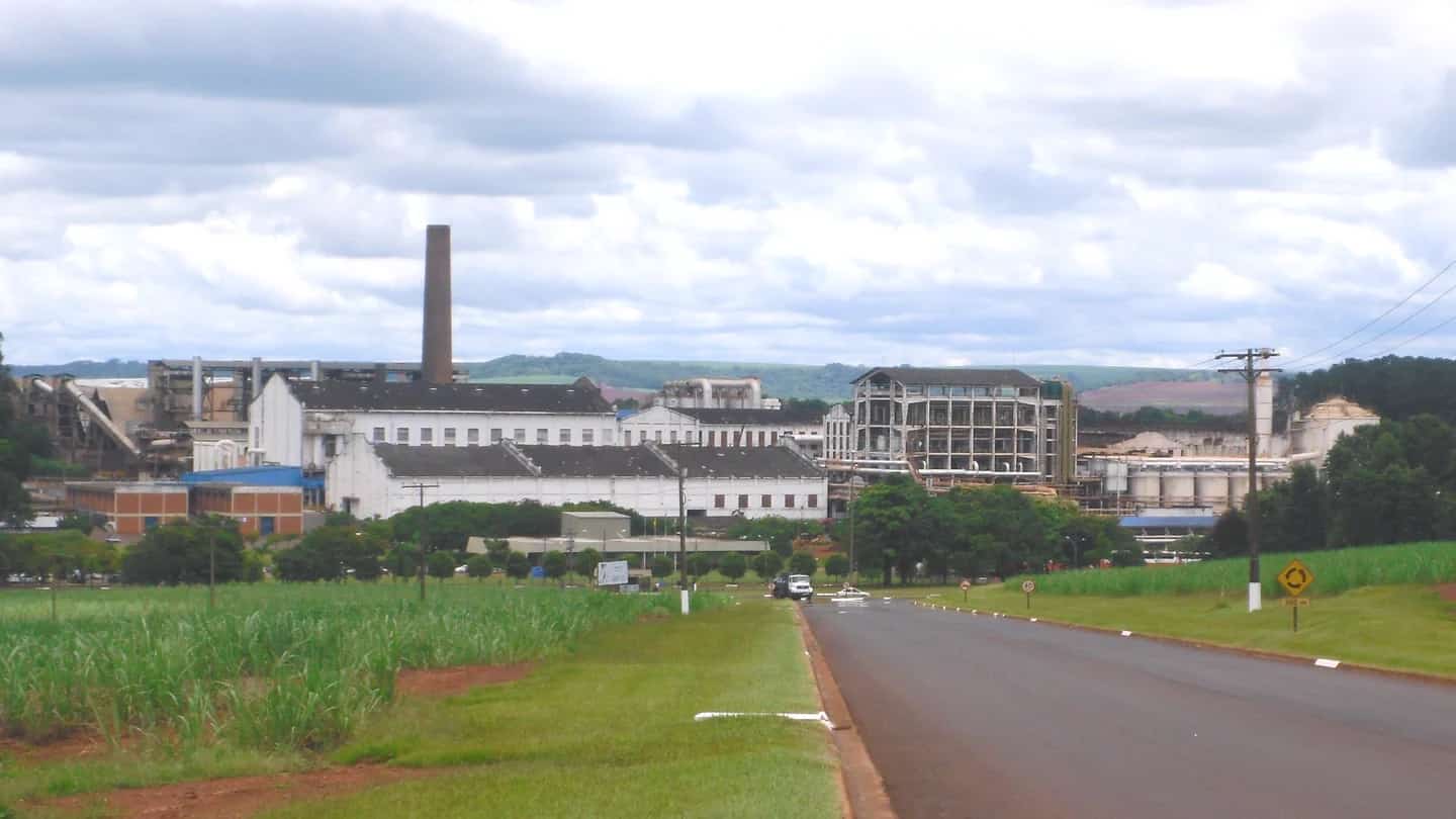 Usina de açúcar e etanol com canavial e chaminé ao fundo